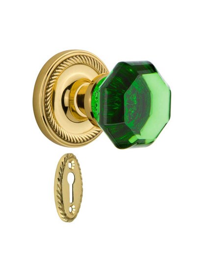 Rope Rosette Mortise Lock Set with Colored Waldorf Crystal Glass Knobs Emerald in Polished Brass.
